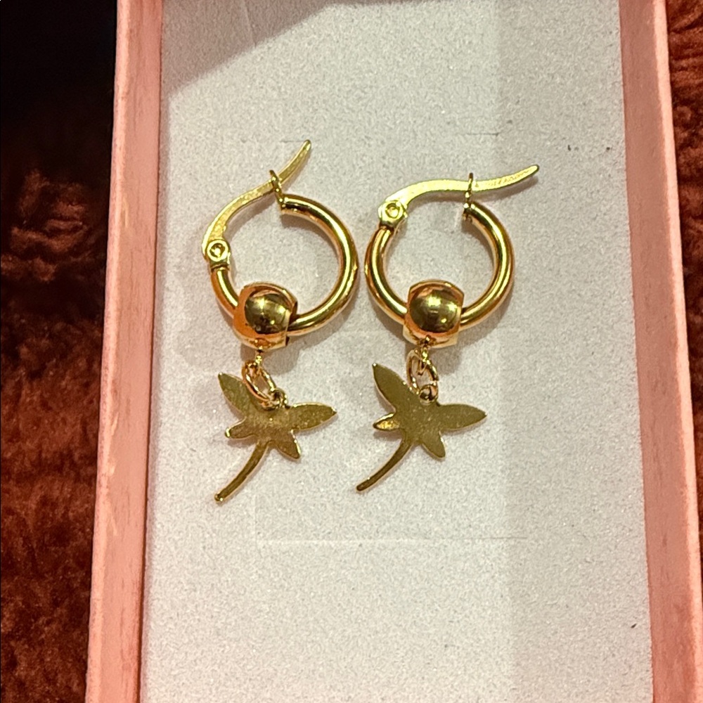 Stainless Steel Gold Dragonfly Huggies Earrings